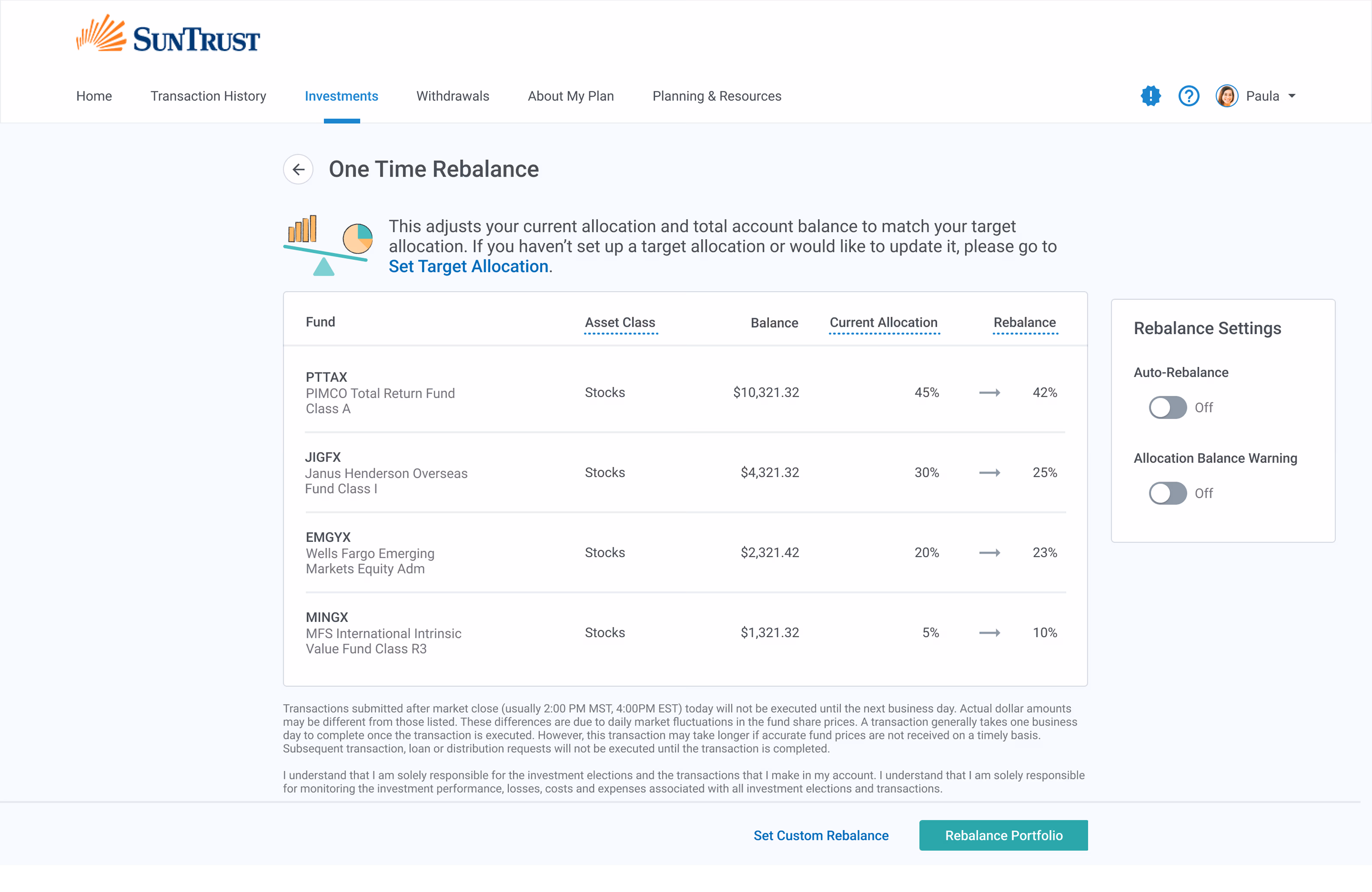 Redesigned ePlan 401(k) rebalance flow, sequenced step by step with a live sell value and a review before commit
