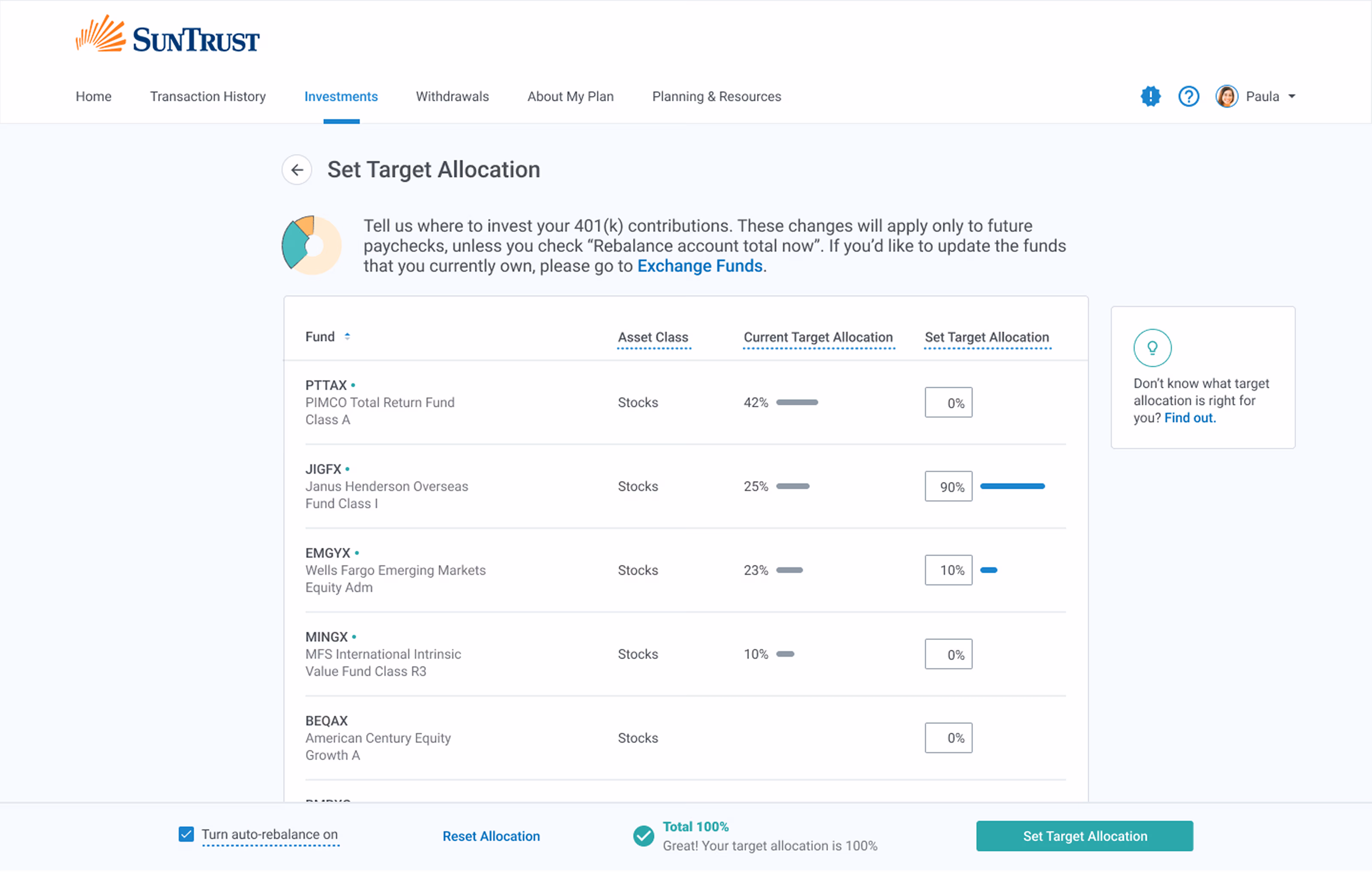 Redesigned target allocation view with current versus target comparison