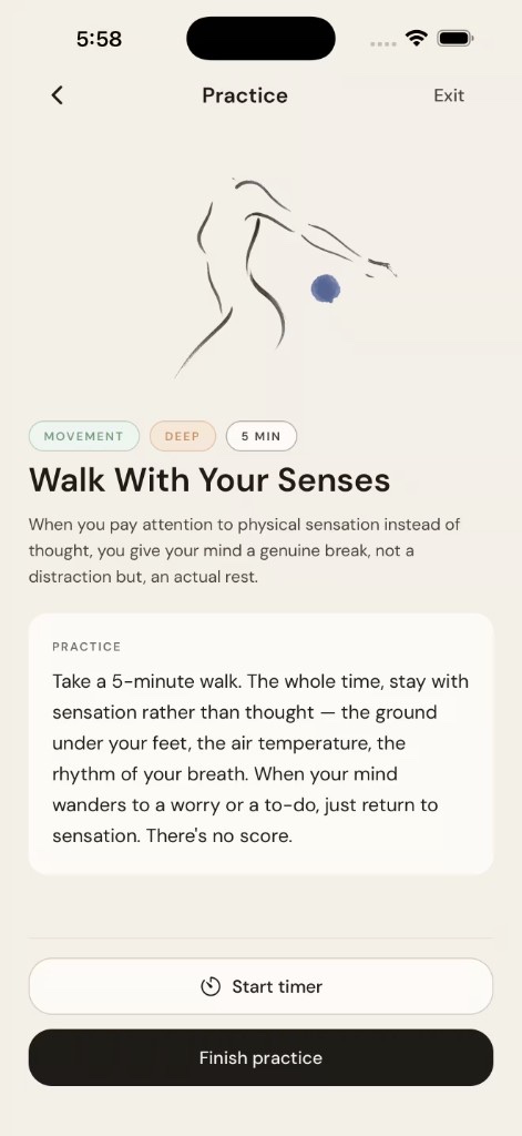 Attune mobile app practice screen for “Walk With Your Senses,” showing a guided sensory awareness exercise with progress and navigation controls.