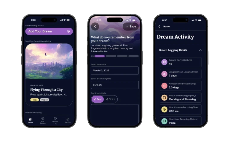 DreamSphere mobile UI: home with a recent dream entry, capture flow, and dream activity stats.